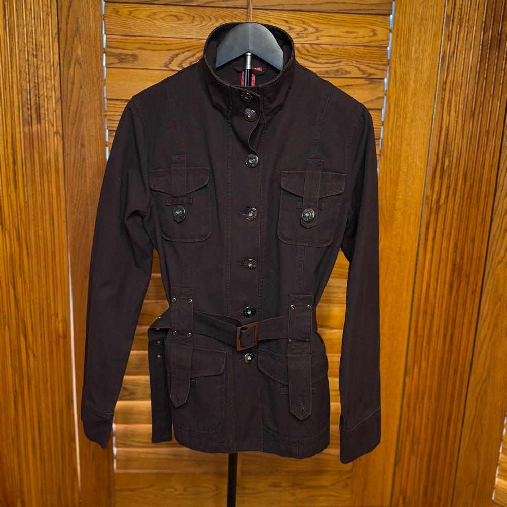 Hoi Polloi Womens Brown Cotton Utility Field Jacket Belted Military Size 10